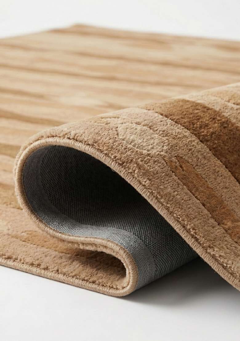 100% Wool Handmade Camel Tan Rug | Eclectic Striped Carpet With Cotton Backing For Living Room - Indya