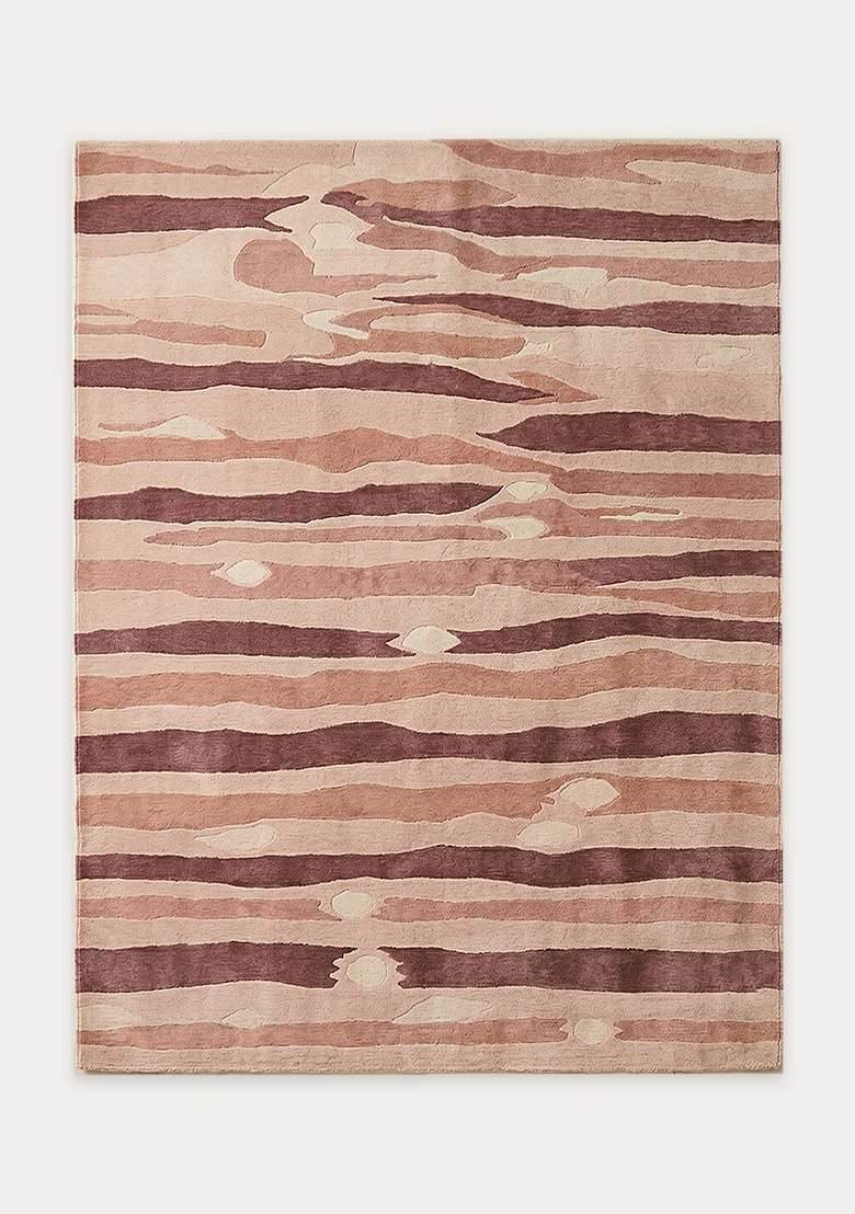 100% Wool Handmade Dusty Rose Rug | Eclectic Striped Carpet With Cotton Backing For Living Room - Indya