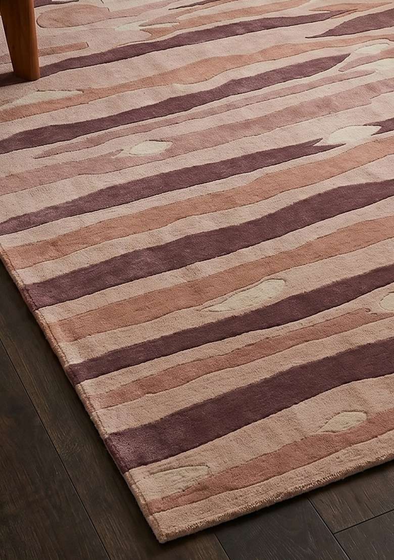 100% Wool Handmade Dusty Rose Rug | Eclectic Striped Carpet With Cotton Backing For Living Room - Indya