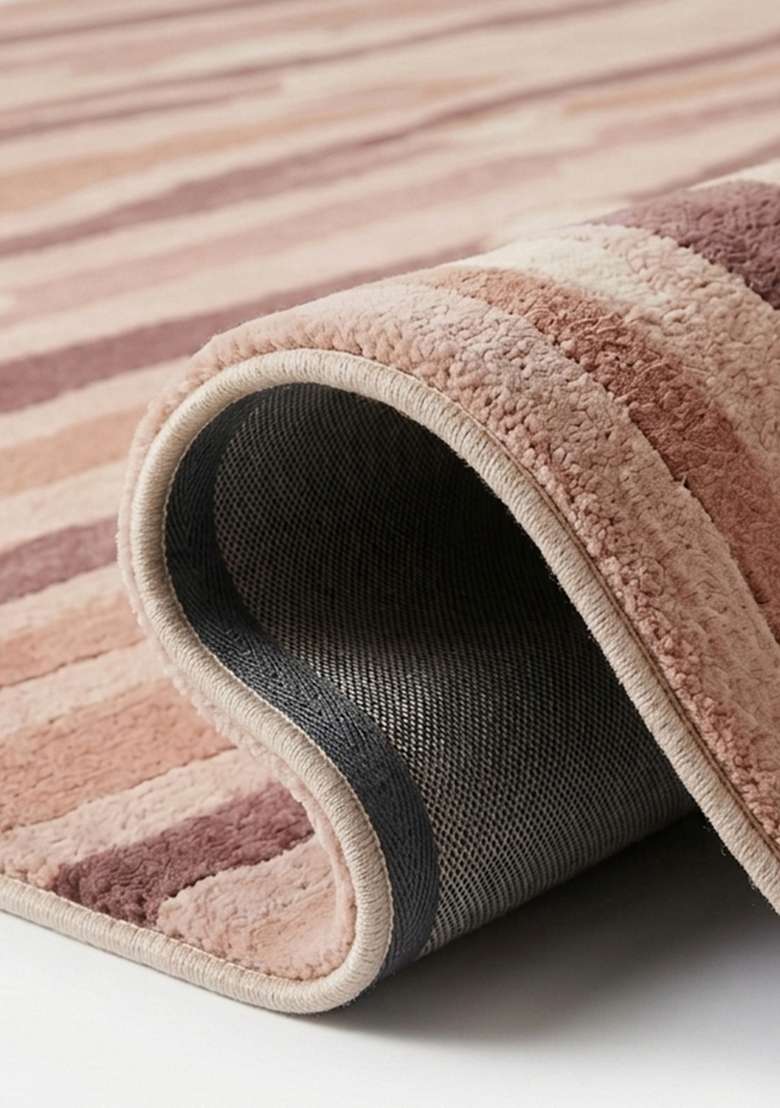100% Wool Handmade Dusty Rose Rug | Eclectic Striped Carpet With Cotton Backing For Living Room - Indya
