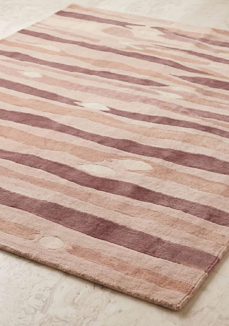 100% Wool Handmade Dusty Rose Rug | Eclectic Striped Carpet With Cotton Backing For Living Room - Indya