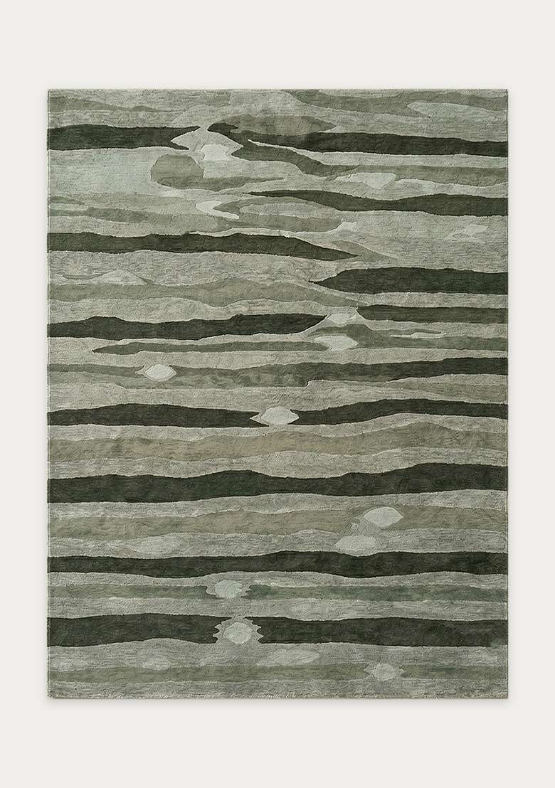 100% Wool Handmade Moss Green Rug | Eclectic Striped Carpet With Cotton Backing For Living Room - Indya