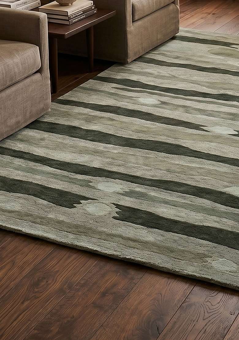 Saffron Rugs Hand-Tufted 100% Wool Area Rug | Moss Green Rectangular Rug | Cotton Backing | Eclectic Striped Home Decor Carpet for Living Room Bedroom - Indya