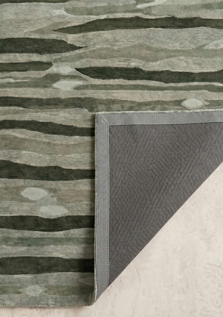100% Wool Handmade Moss Green Rug | Eclectic Striped Carpet With Cotton Backing For Living Room - Indya