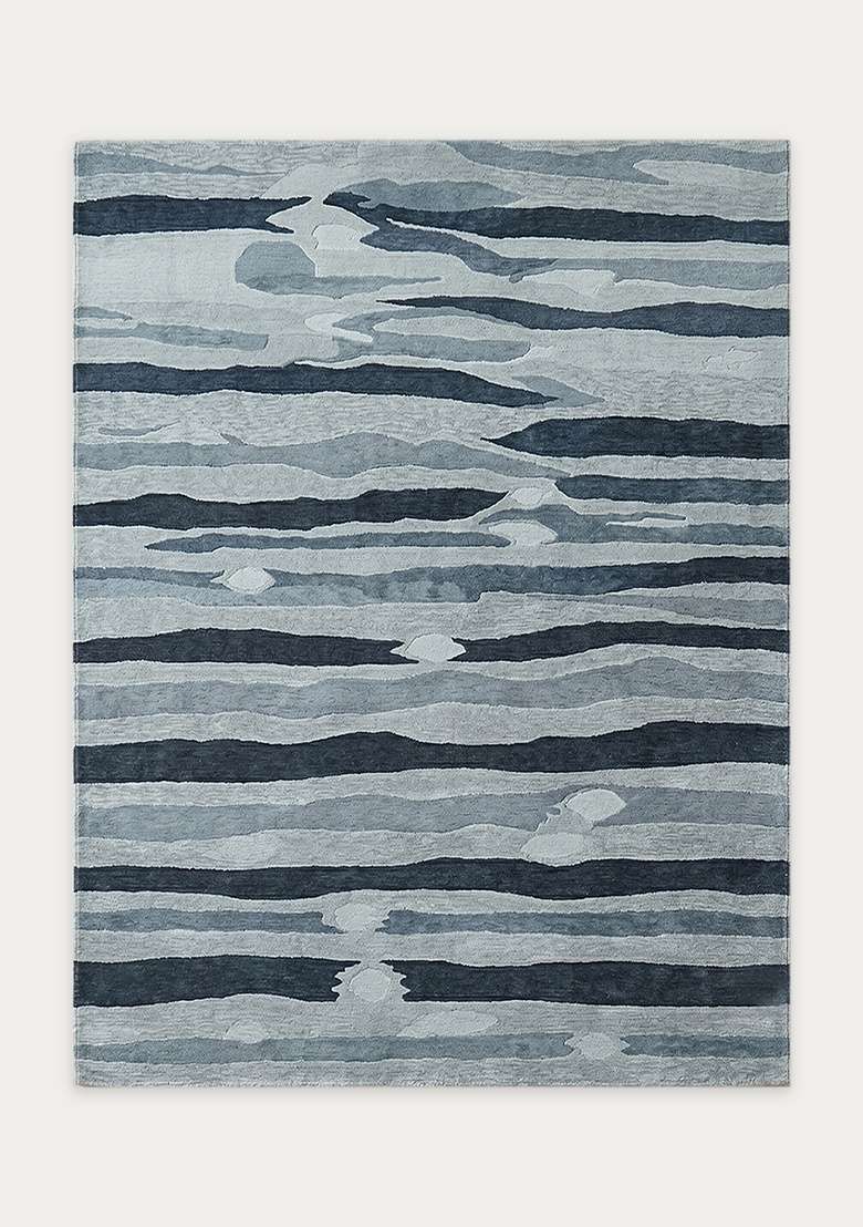 100% Wool Handmade Steel Blue Rug | Eclectic Striped Carpet With Cotton Backing For Living Room - Indya