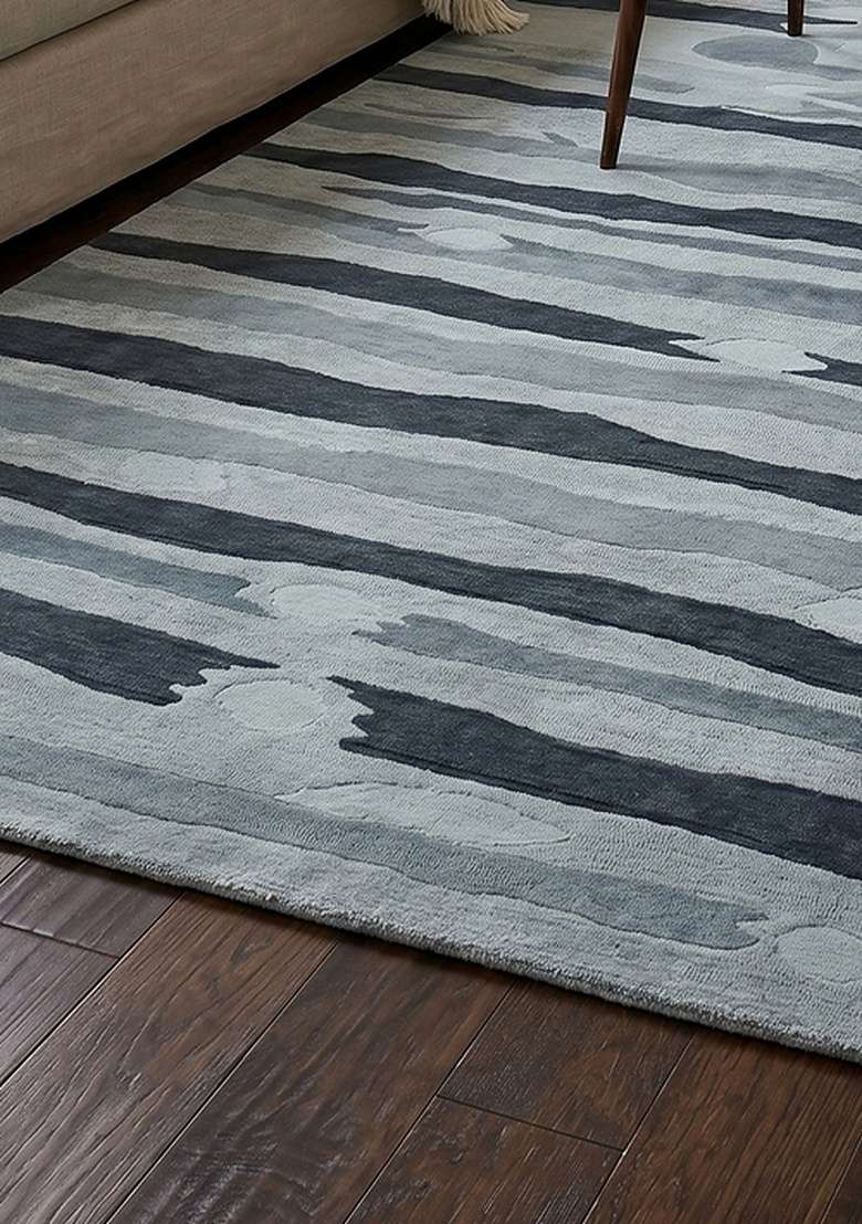 Saffron Rugs Hand-Tufted 100% Wool Area Rug | Steel Blue Rectangular Rug | Cotton Backing | Eclectic Striped Home Decor Carpet for Living Room Bedroom - Indya