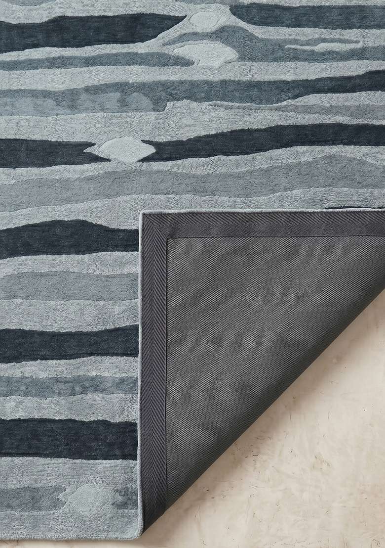 100% Wool Handmade Steel Blue Rug | Eclectic Striped Carpet With Cotton Backing For Living Room - Indya