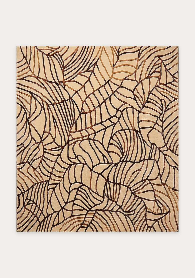 100% Wool Handmade Brown Rug | Contemporary Leaf Square Carpet With Cotton Backing For Living Room - Indya