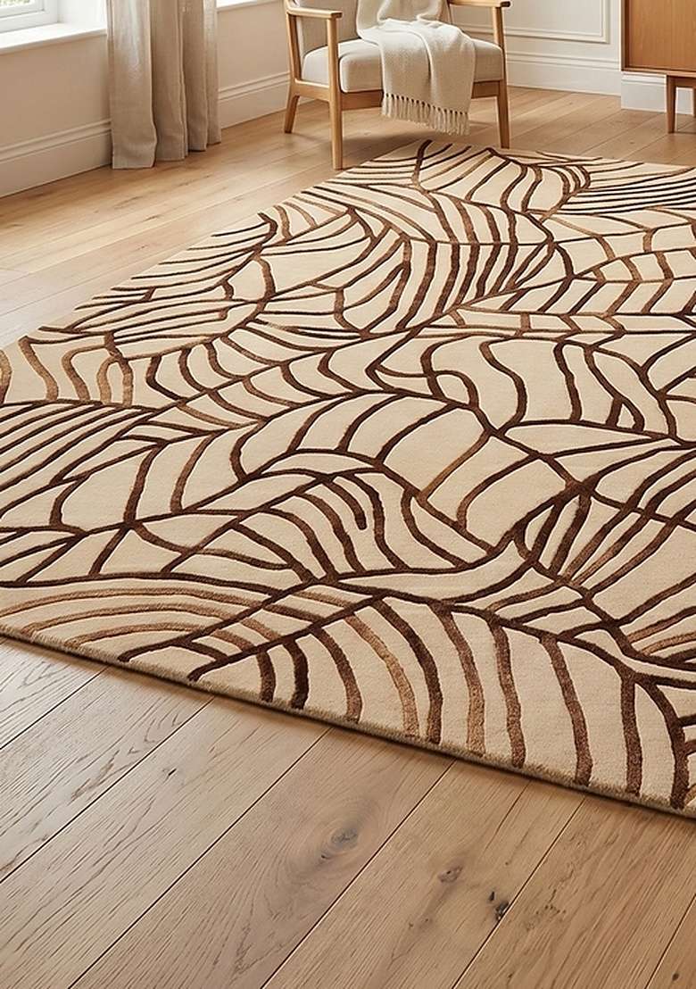 100% Wool Handmade Brown Rug | Contemporary Leaf Square Carpet With Cotton Backing For Living Room - Indya