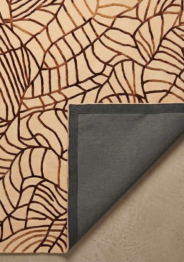100% Wool Handmade Brown Rug | Contemporary Leaf Square Carpet With Cotton Backing For Living Room - Indya
