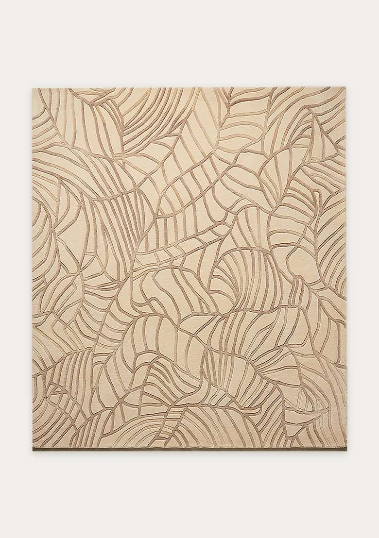 100% Wool Handmade Beige Rug | Contemporary Leaf Square Carpet With Cotton Backing For Living Room - Indya