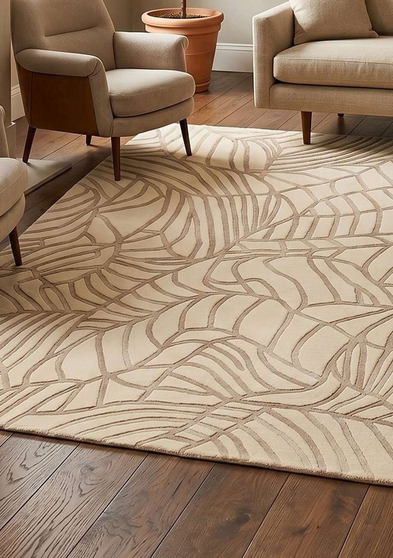 100% Wool Handmade Beige Rug | Contemporary Leaf Square Carpet With Cotton Backing For Living Room - Indya