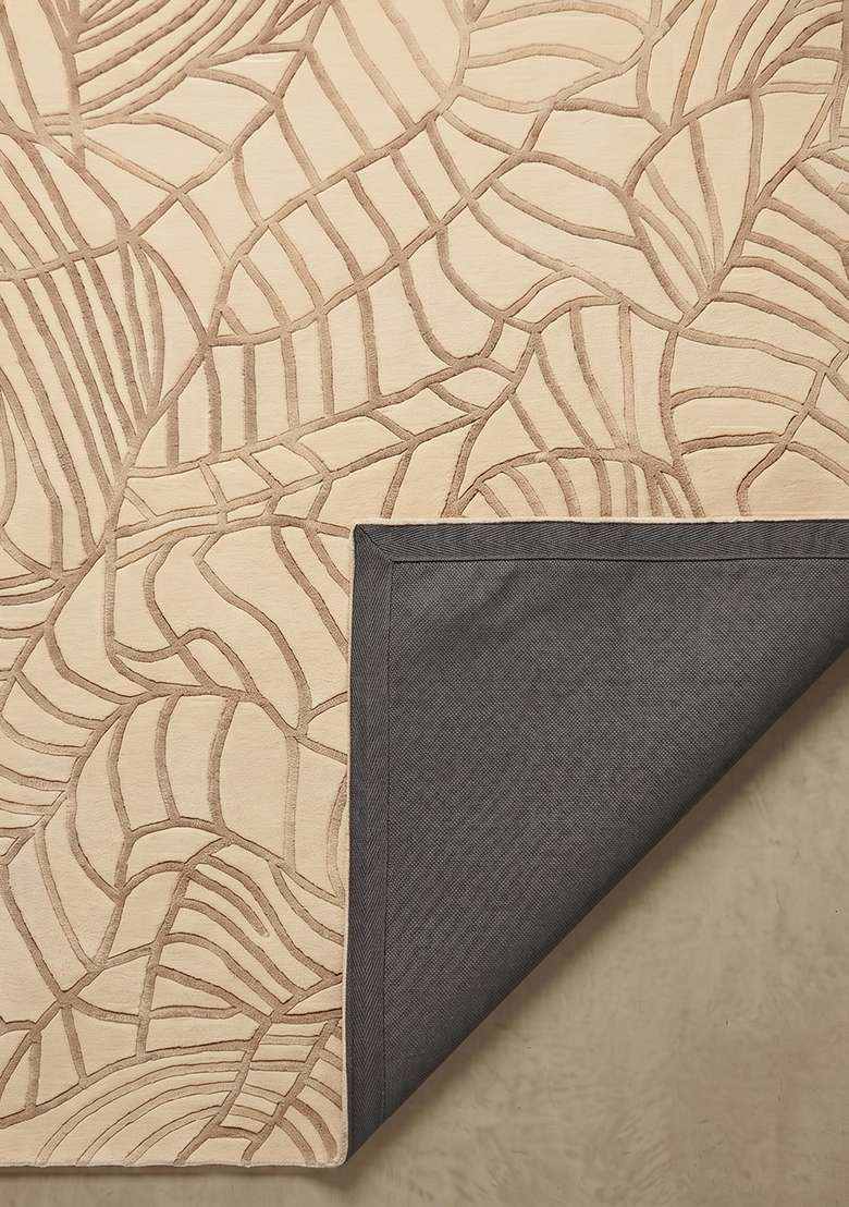 100% Wool Handmade Beige Rug | Contemporary Leaf Square Carpet With Cotton Backing For Living Room - Indya