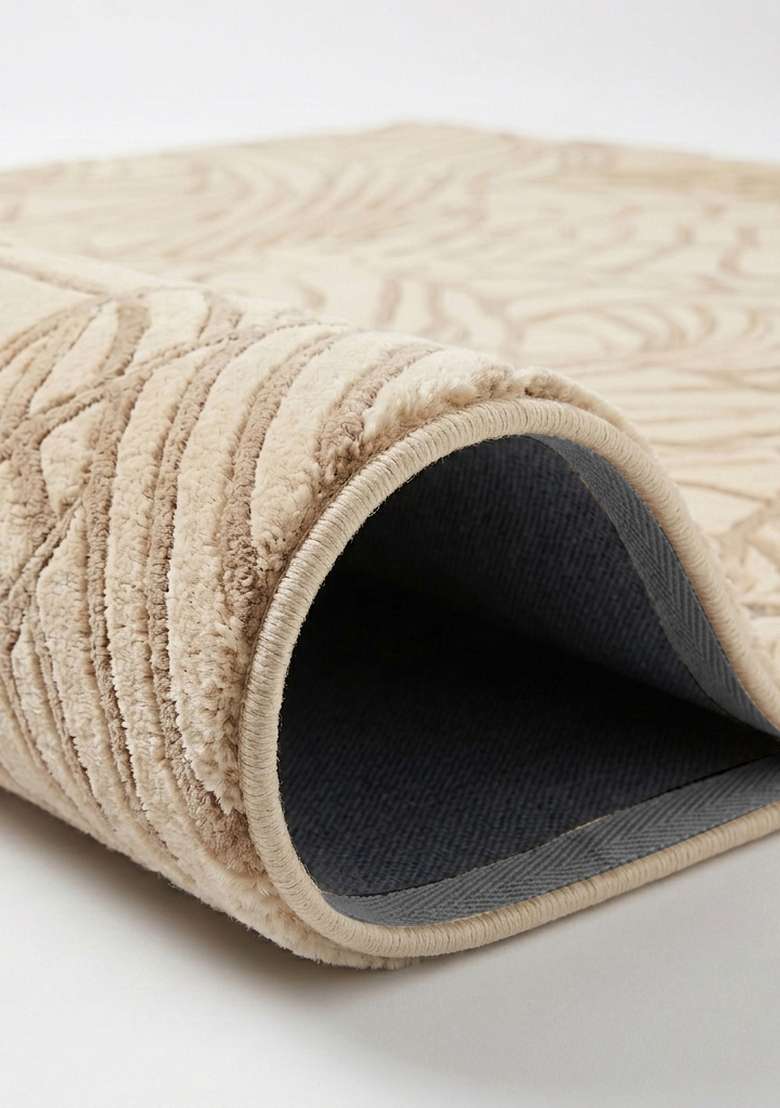 100% Wool Handmade Beige Rug | Contemporary Leaf Square Carpet With Cotton Backing For Living Room - Indya