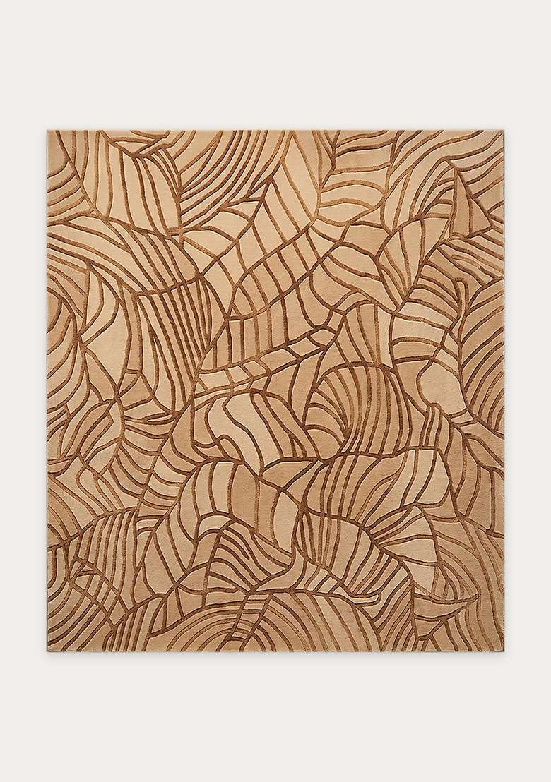 100% Wool Handmade Camel Tan Rug | Contemporary Leaf Square Carpet With Cotton Backing For Living Room - Indya