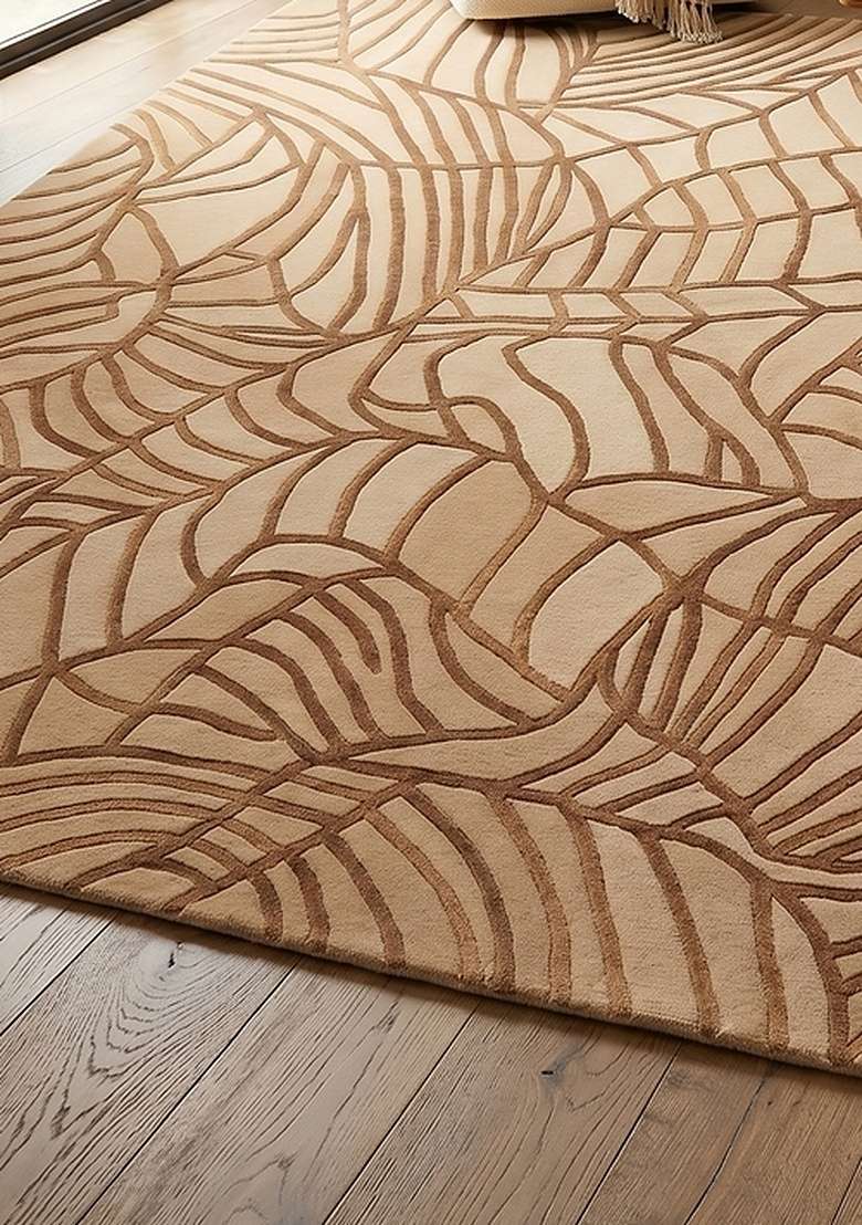Saffron Rugs Hand-Tufted 100% Wool Area Rug | Camel Tan Square Rug | Cotton Backing | Contemporary Leaf Home Decor Carpet for Living Room Bedroom - Indya