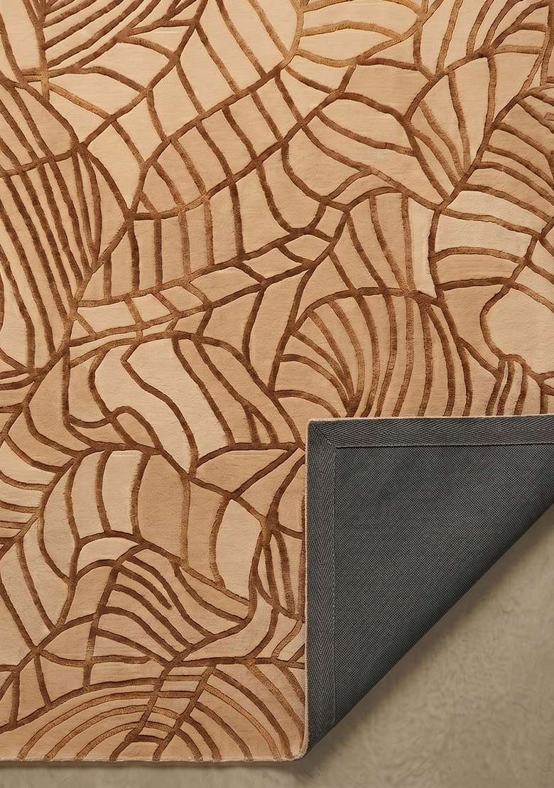 100% Wool Handmade Camel Tan Rug | Contemporary Leaf Square Carpet With Cotton Backing For Living Room - Indya