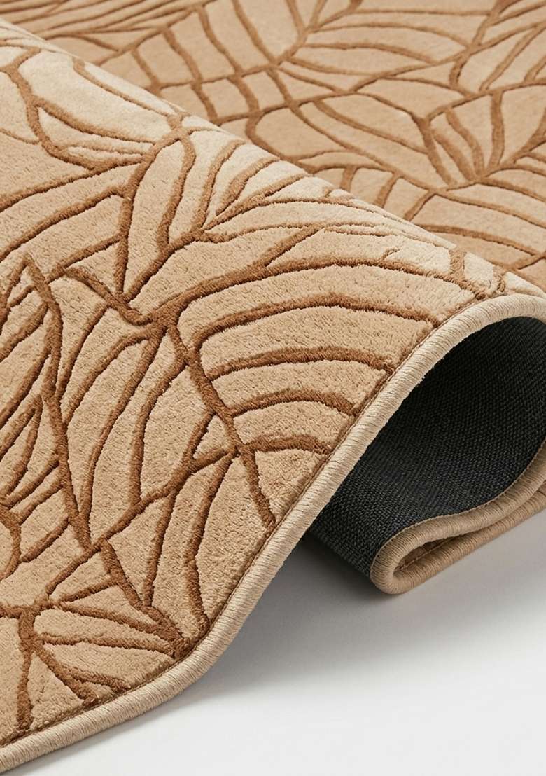 100% Wool Handmade Camel Tan Rug | Contemporary Leaf Square Carpet With Cotton Backing For Living Room - Indya