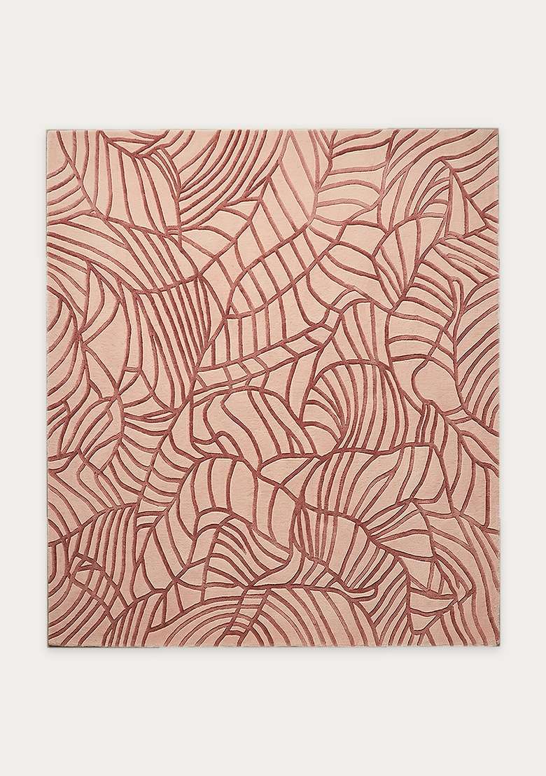 100% Wool Handmade Blush Pink Rug | Contemporary Leaf Square Carpet With Cotton Backing For Living Room - Indya