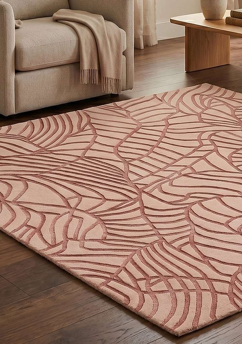 100% Wool Handmade Blush Pink Rug | Contemporary Leaf Square Carpet With Cotton Backing For Living Room - Indya