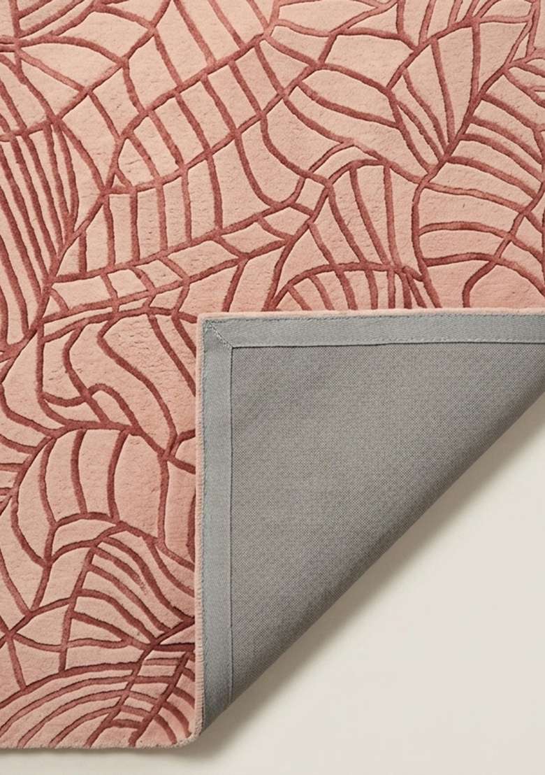 100% Wool Handmade Blush Pink Rug | Contemporary Leaf Square Carpet With Cotton Backing For Living Room - Indya