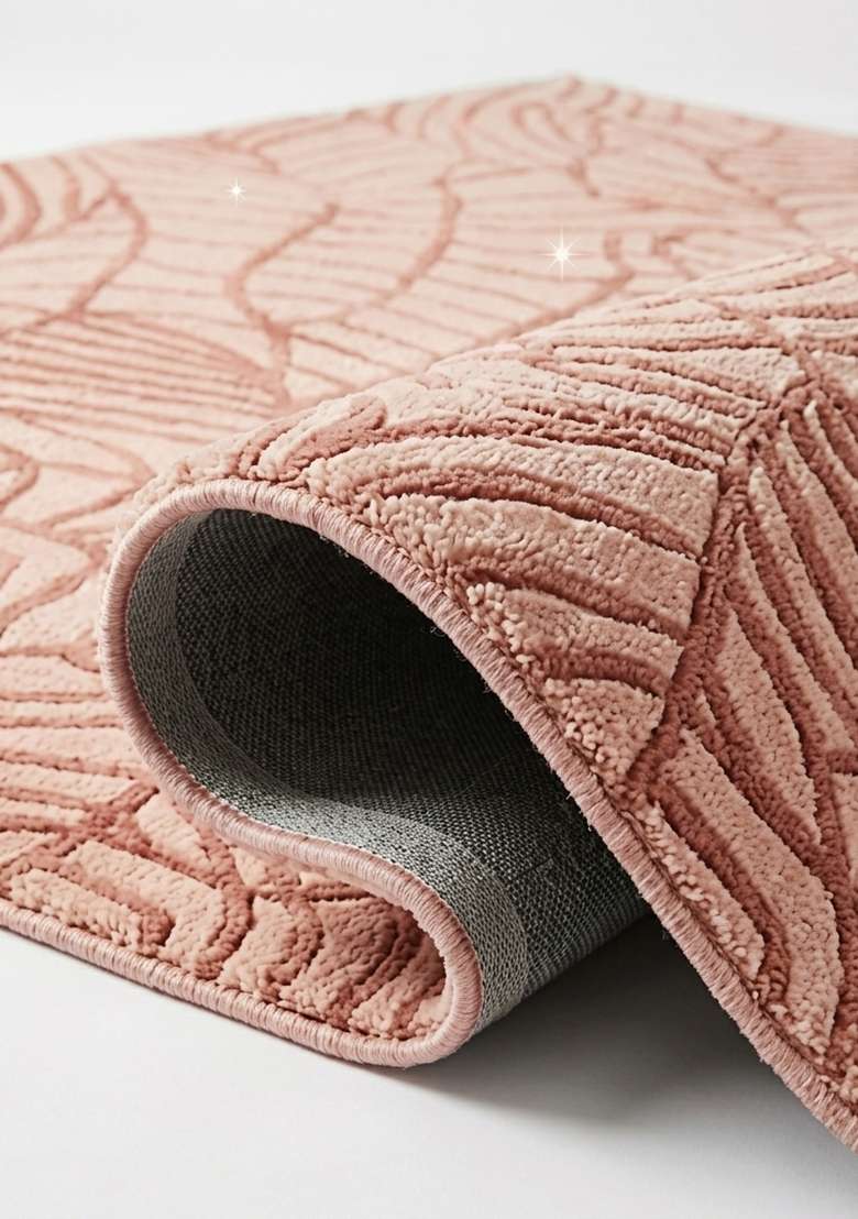 100% Wool Handmade Blush Pink Rug | Contemporary Leaf Square Carpet With Cotton Backing For Living Room - Indya