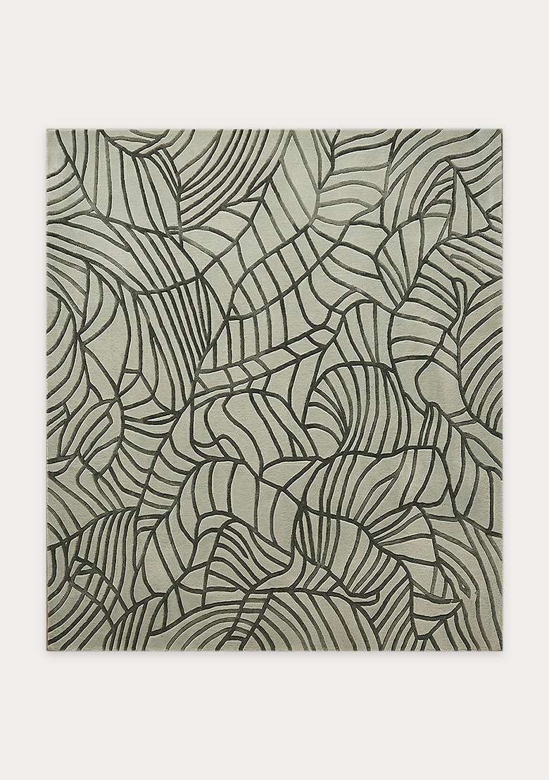 100% Wool Handmade Muted Sage Green Rug | Contemporary Leaf Square Carpet With Cotton Backing For Living Room - Indya