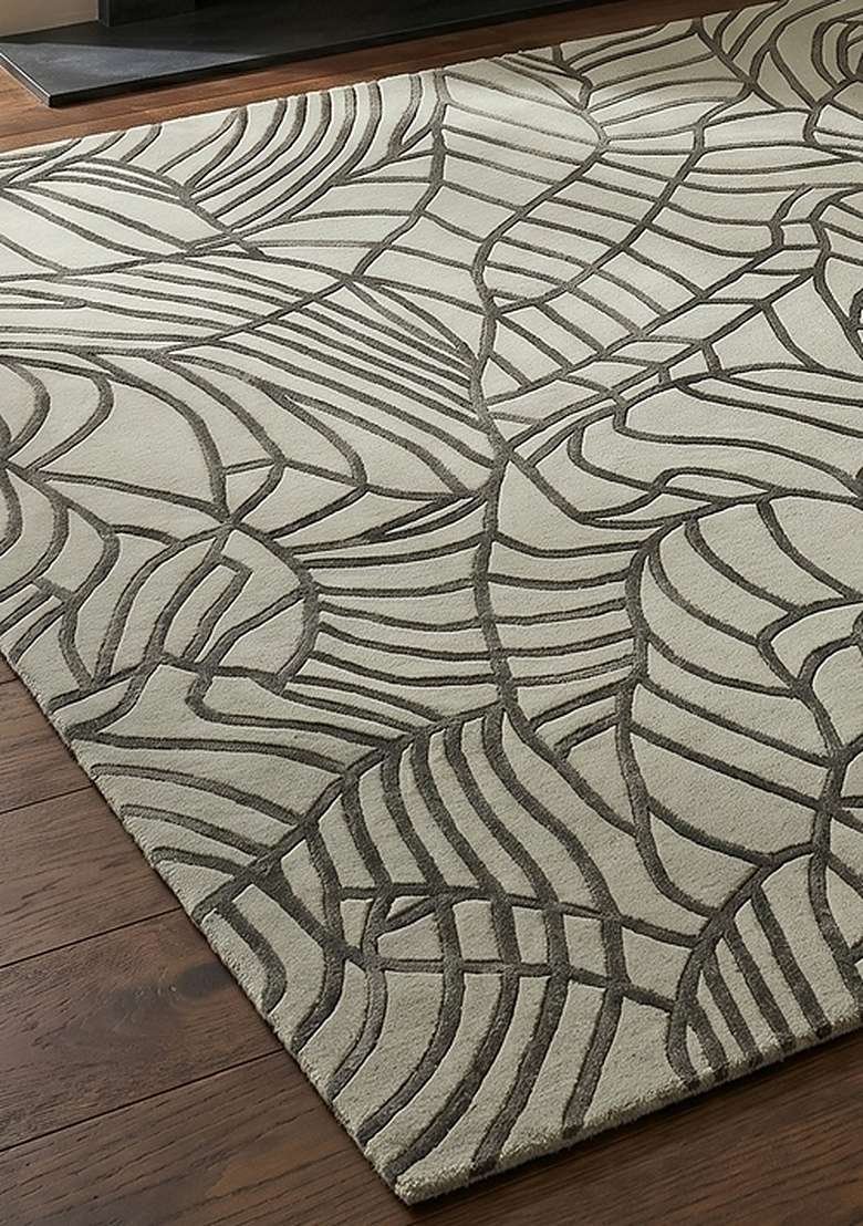 100% Wool Handmade Muted Sage Green Rug | Contemporary Leaf Square Carpet With Cotton Backing For Living Room - Indya