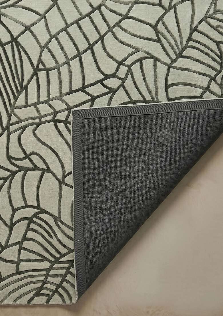 100% Wool Handmade Muted Sage Green Rug | Contemporary Leaf Square Carpet With Cotton Backing For Living Room - Indya