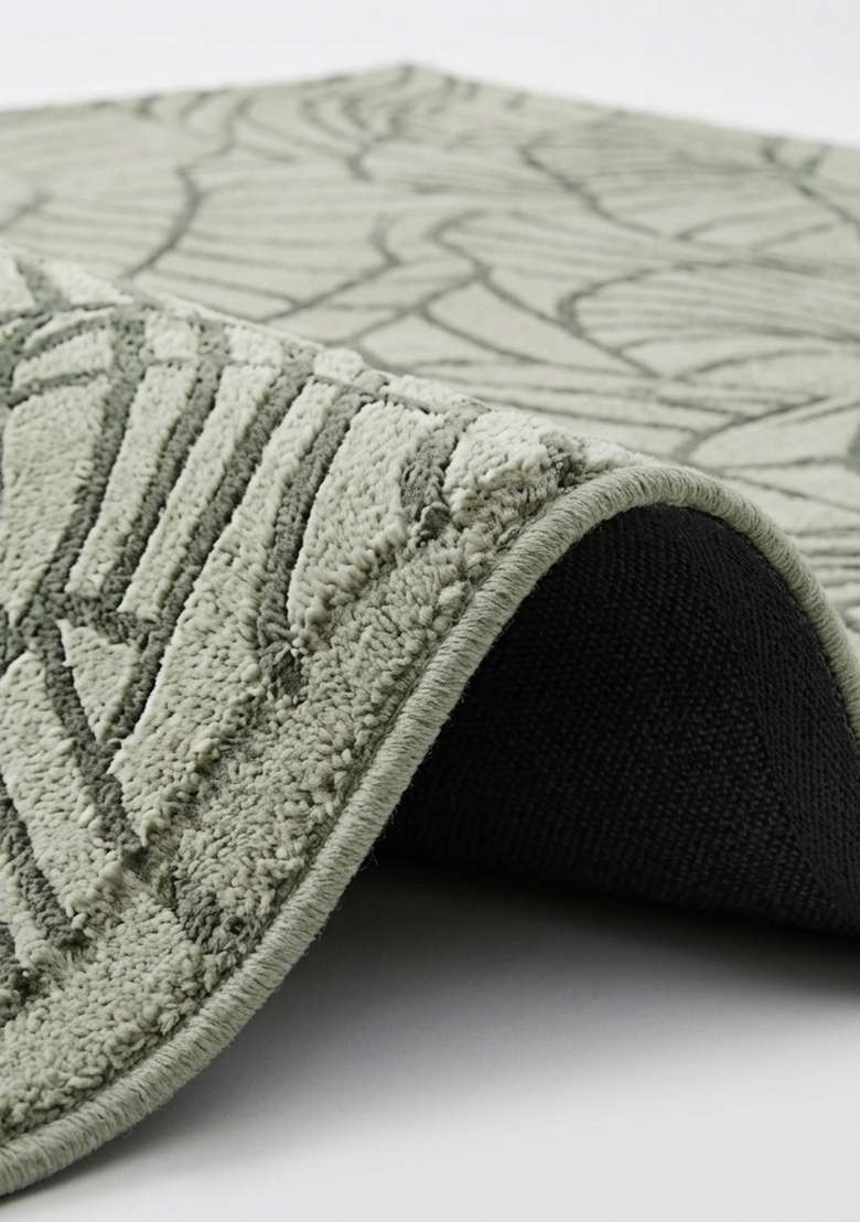 100% Wool Handmade Muted Sage Green Rug | Contemporary Leaf Square Carpet With Cotton Backing For Living Room - Indya