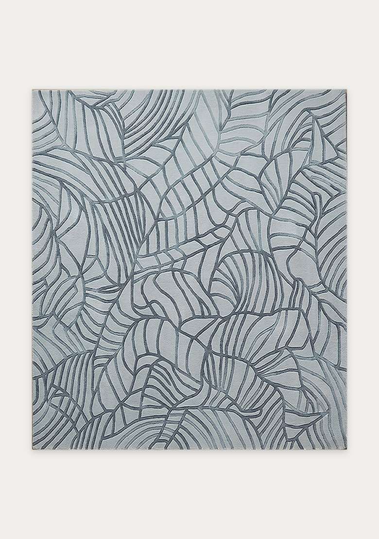100% Wool Handmade Steel Blue Rug | Contemporary Leaf Square Carpet With Cotton Backing For Living Room - Indya