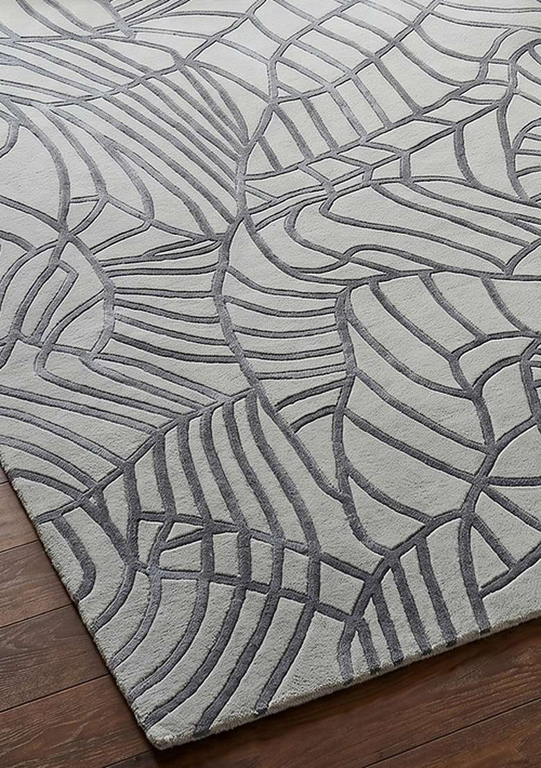 100% Wool Handmade Steel Blue Rug | Contemporary Leaf Square Carpet With Cotton Backing For Living Room - Indya