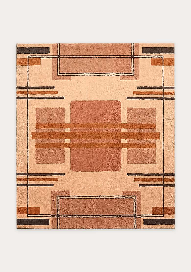 100% Wool Handmade Rust Orange Rug | Art Deco Geometric Square Carpet With Cotton Backing For Living Room - Indya