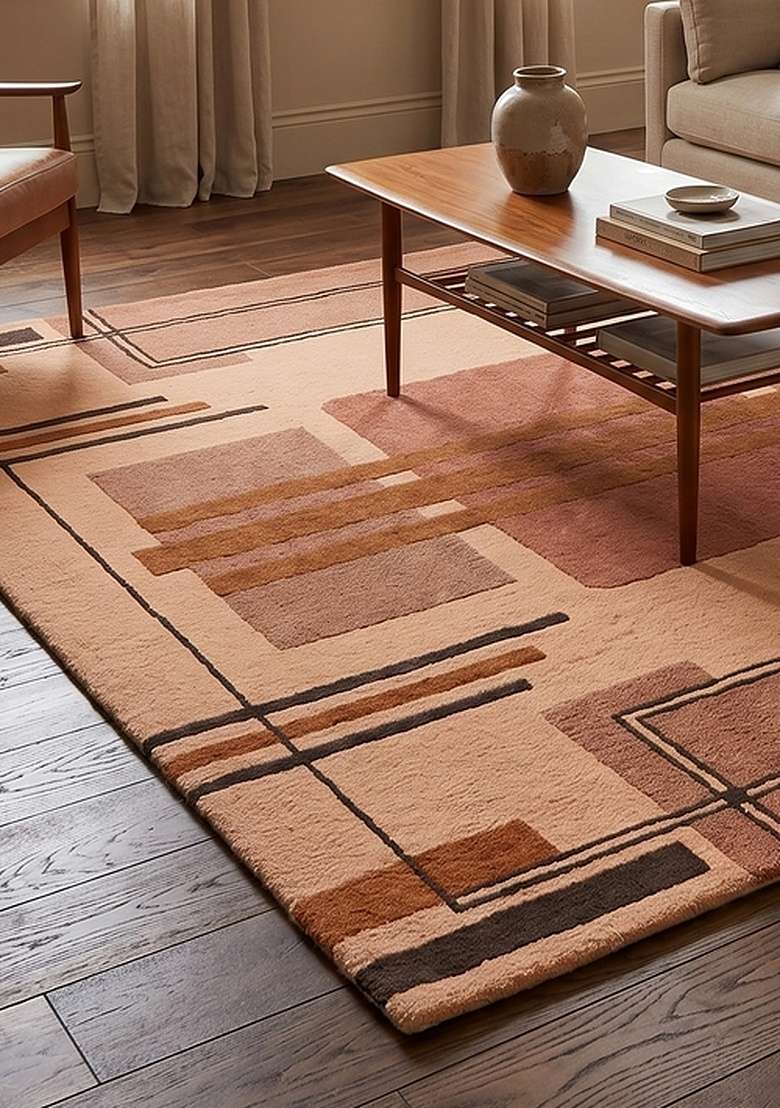 Saffron Rugs Hand-Tufted 100% Wool Area Rug | Rust Orange Square Rug | Cotton Backing | Art Deco Geometric Home Decor Carpet for Living Room Bedroom - Indya