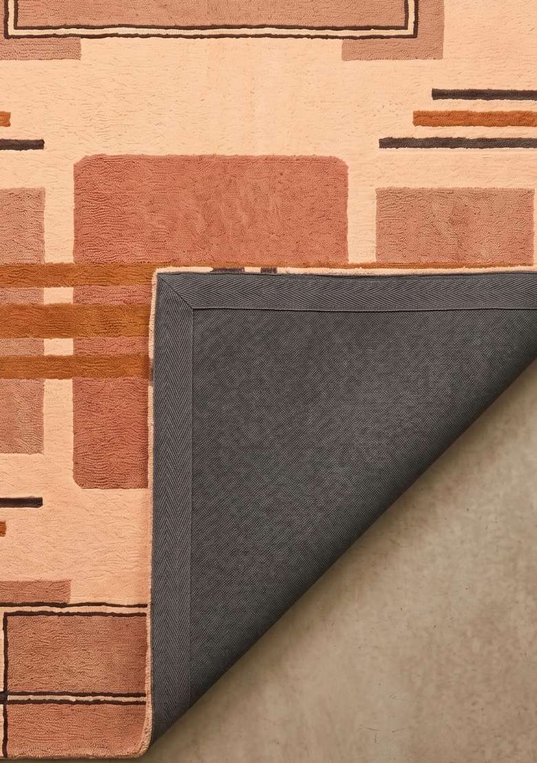 100% Wool Handmade Rust Orange Rug | Art Deco Geometric Square Carpet With Cotton Backing For Living Room - Indya