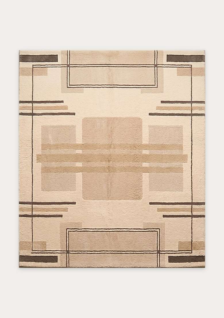 100% Wool Handmade Beige Rug | Art Deco Geometric Square Carpet With Cotton Backing For Living Room - Indya