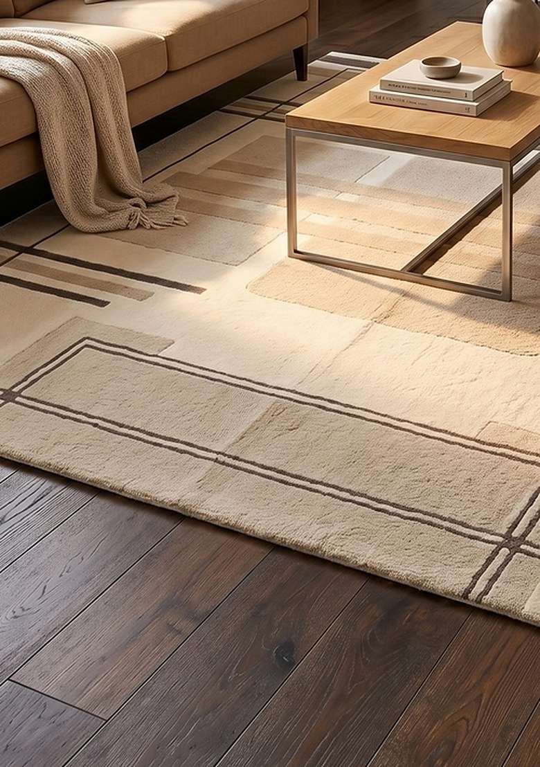 100% Wool Handmade Beige Rug | Art Deco Geometric Square Carpet With Cotton Backing For Living Room - Indya