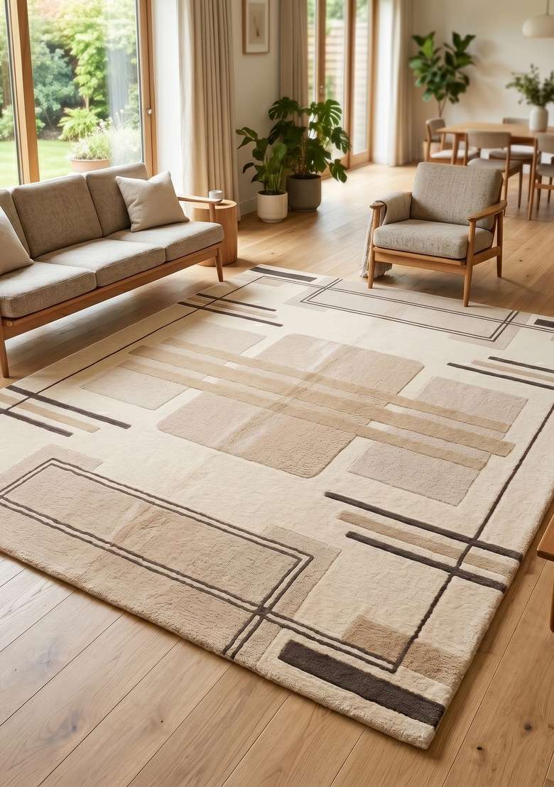 100% Wool Handmade Beige Rug | Art Deco Geometric Square Carpet With Cotton Backing For Living Room - Indya