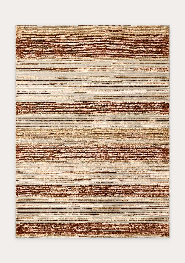 100% Wool Handmade Rust Orange Rug | Contemporary Striped Carpet With Cotton Backing For Living Room - Indya
