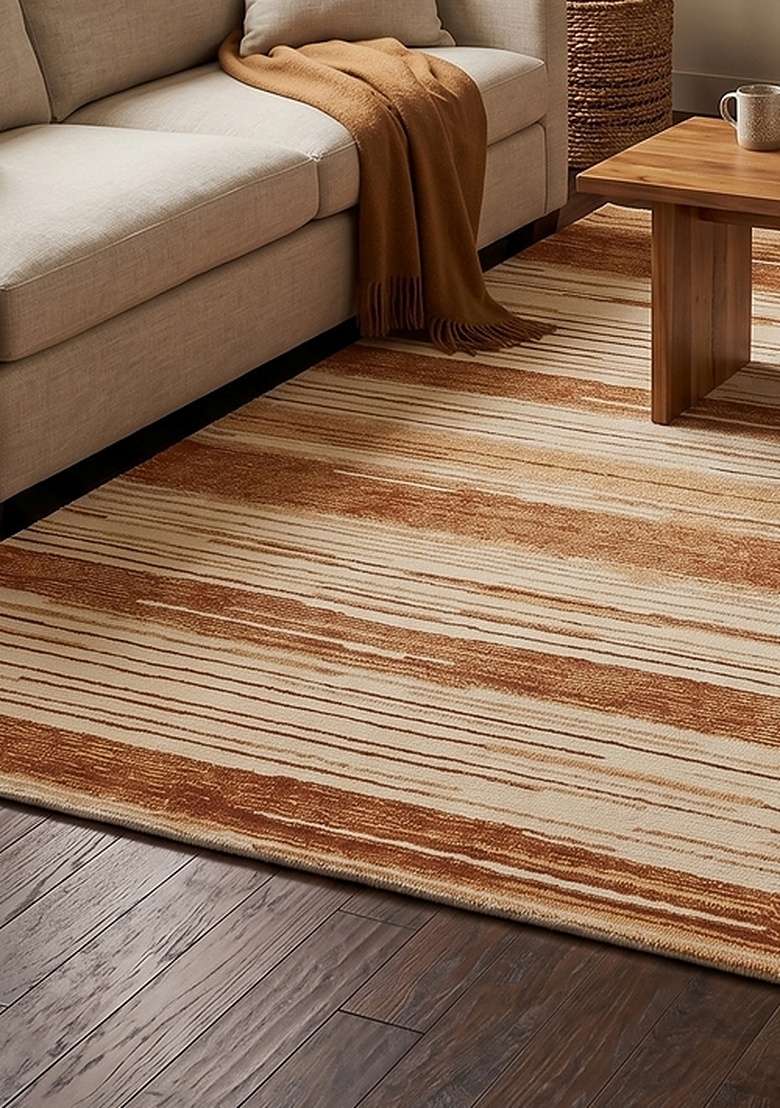 Saffron Rugs Hand-Tufted 100% Wool Area Rug | Rust Orange Rectangular Rug | Cotton Backing | Contemporary Striped Home Decor Carpet for Living Room Bedroom - Indya