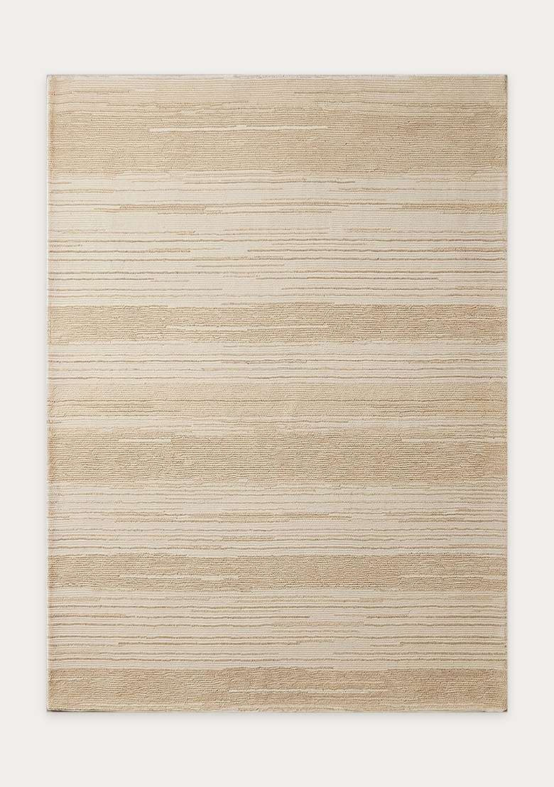 100% Wool Handmade Beige Rug | Contemporary Striped Carpet With Cotton Backing For Living Room - Indya