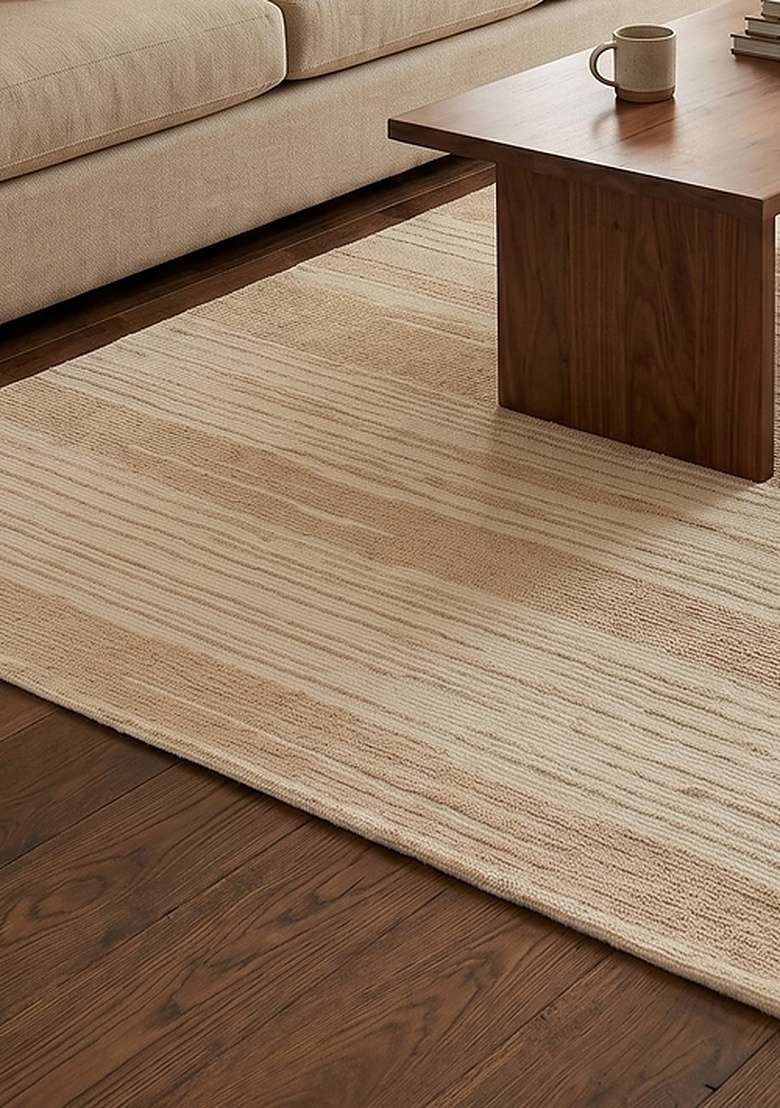 100% Wool Handmade Beige Rug | Contemporary Striped Carpet With Cotton Backing For Living Room - Indya