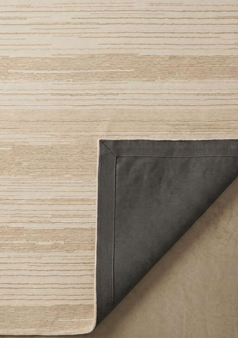 100% Wool Handmade Beige Rug | Contemporary Striped Carpet With Cotton Backing For Living Room - Indya