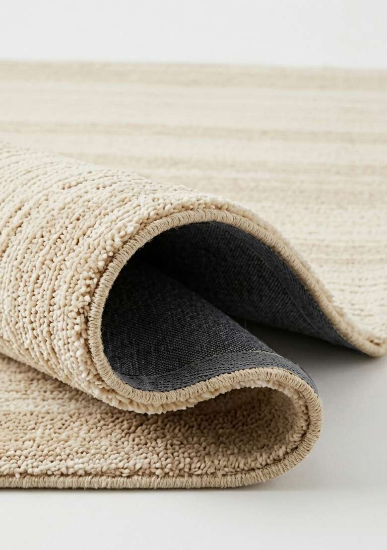 100% Wool Handmade Beige Rug | Contemporary Striped Carpet With Cotton Backing For Living Room - Indya