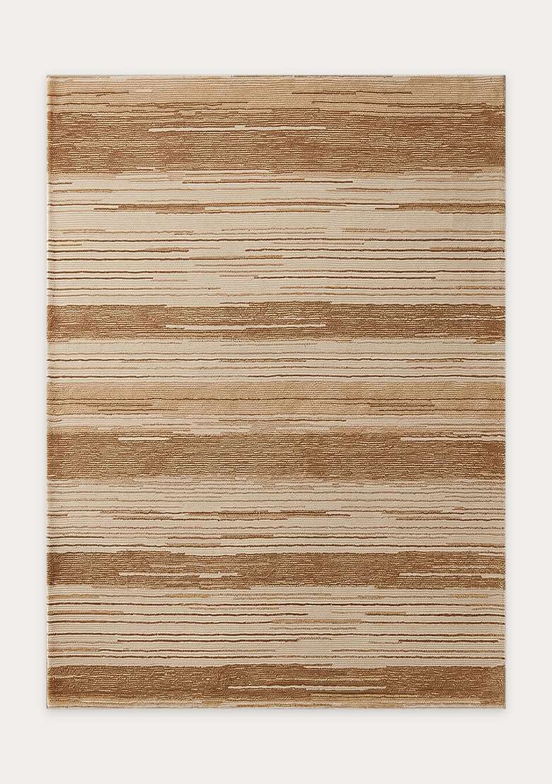 100% Wool Handmade Camel Tan Rug | Contemporary Striped Carpet With Cotton Backing For Living Room - Indya