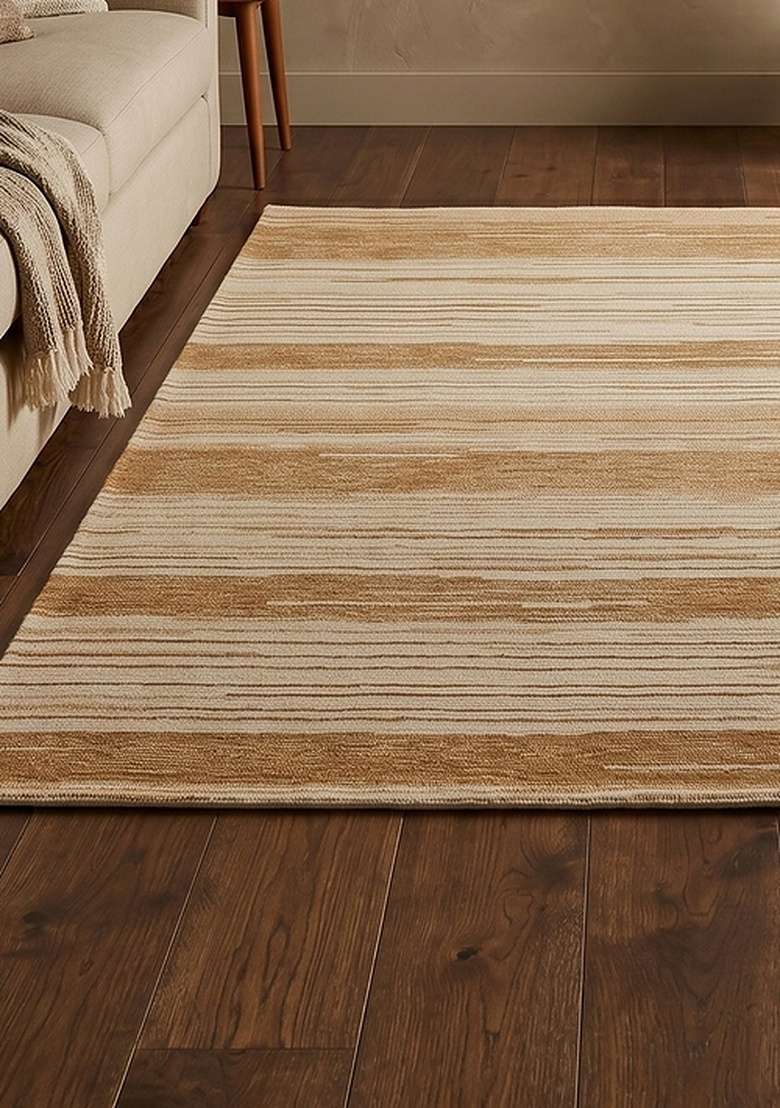 100% Wool Handmade Camel Tan Rug | Contemporary Striped Carpet With Cotton Backing For Living Room - Indya