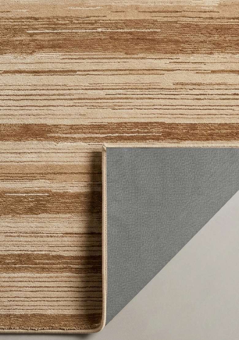 100% Wool Handmade Camel Tan Rug | Contemporary Striped Carpet With Cotton Backing For Living Room - Indya