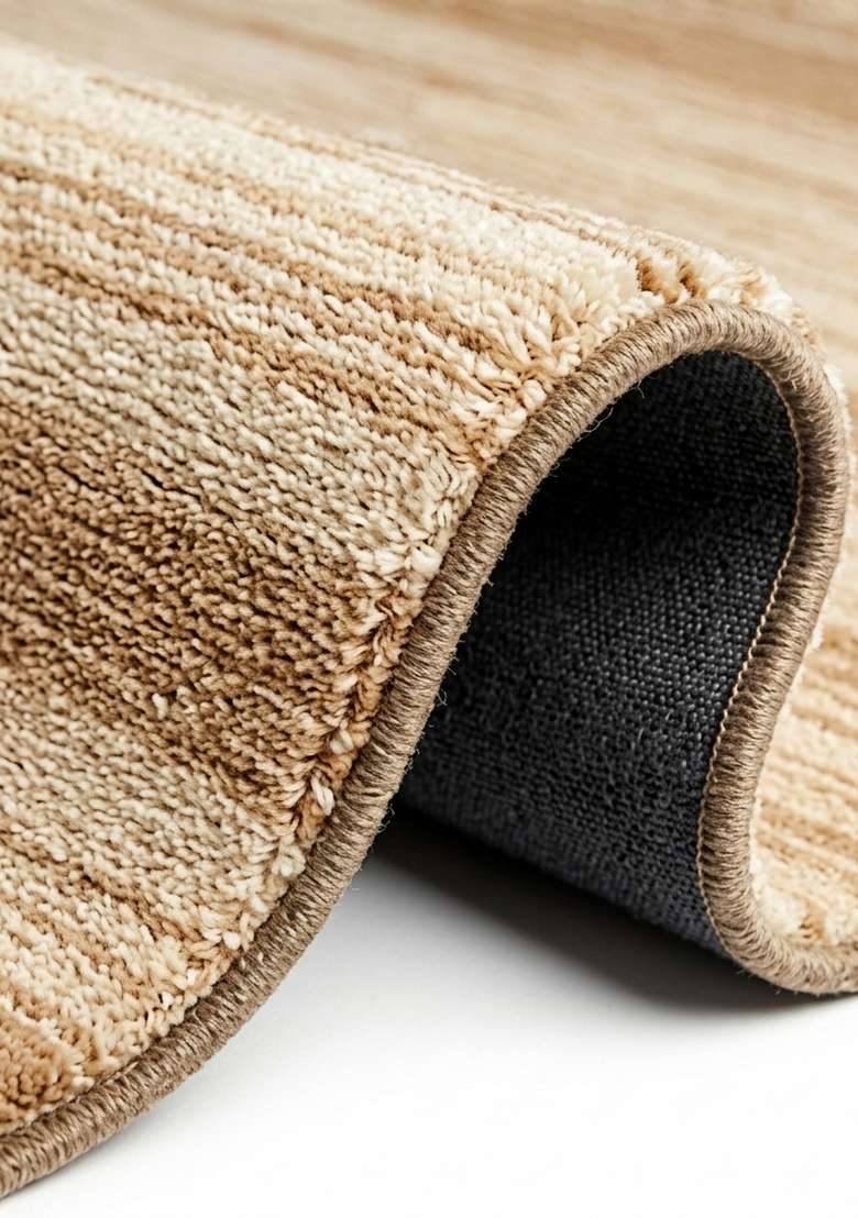 100% Wool Handmade Camel Tan Rug | Contemporary Striped Carpet With Cotton Backing For Living Room - Indya