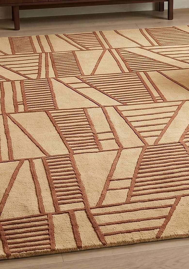 100% Wool Handmade Rust Orange Rug | Contemporary Geometric Carpet With Cotton Backing For Living Room - Indya