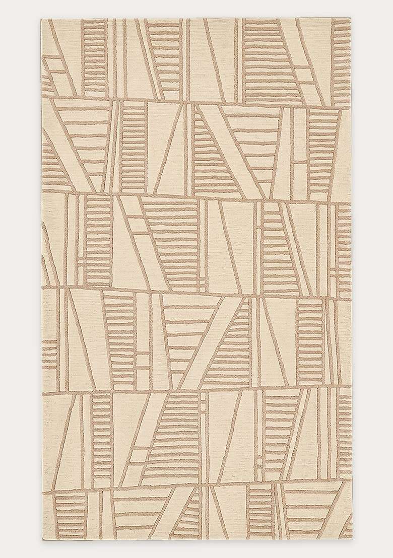 100% Wool Handmade Beige Rug | Contemporary Geometric Carpet With Cotton Backing For Living Room - Indya